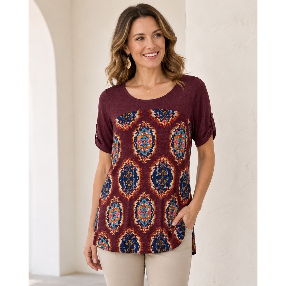 Meadow Rue Size S Top Mixed Media Medallion Print Burgundy Boho Anthropologie